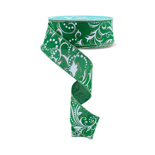 1.5"X10YD LEAF FILAGREE W/DOTS - EMERALD/WHITE/CHAMPAGNE - RGF144606