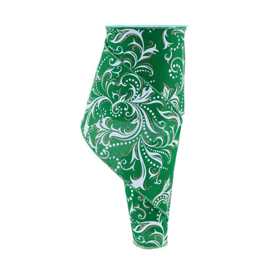 4"X10YD LEAF FILAGREE W/DOTS - EMERALD/WHITE/CHAMPAGNE - RGF144806