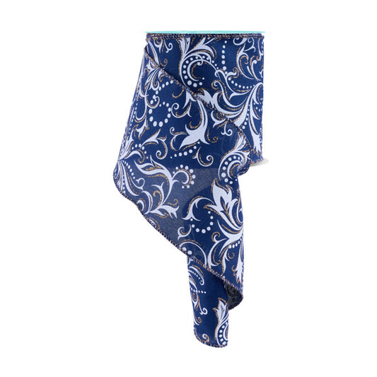 4"X10YD LEAF FILAGREE W/DOTS - NAVY BLUE/WHITE/CHAMPAGNE - RGF144819