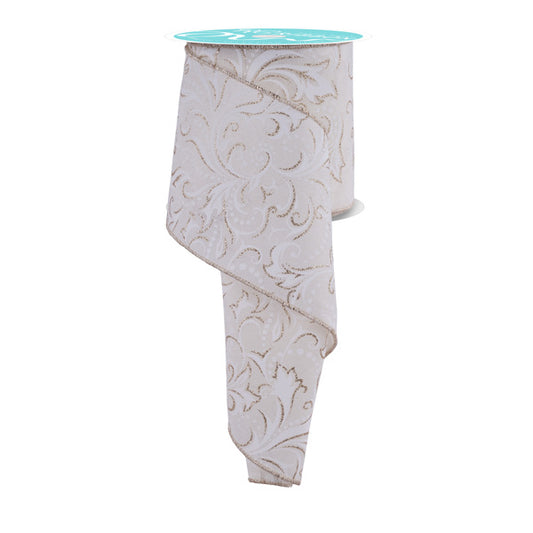 4"X10YD LEAF FILAGREE W/DOTS - IVORY/WHITE/CHAMPAGNE - RGF144830