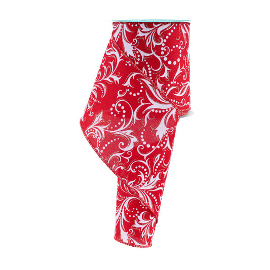 4"X10YD LEAF FILAGREE W/DOTS - RED/WHITE/CHAMPAGNE - RGF145124