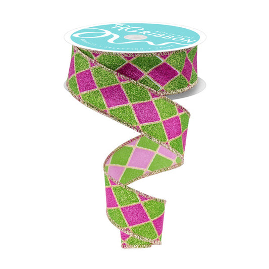 1.5"X10YD GLITTER HARLEQUIN - GREEN/HOT PINK/GOLD - RGF1620HE