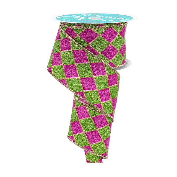 2.5"X10YD GLITTER HARLEQUIN - GREEN/HOT PINK/GOLD - RGF1621HE