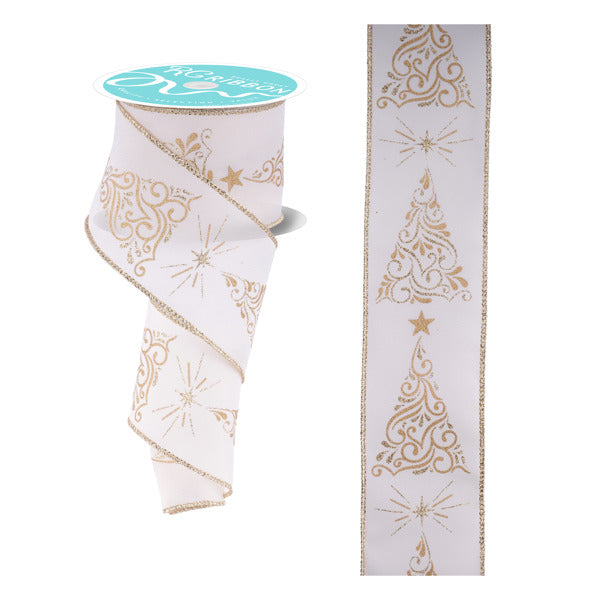 2.5"X10YD METALLIC SWIRL CHRISTMAS TREES - IVORY/GOLD - RGF162330