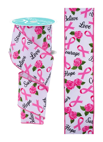 2.5"X10YD BREAST CANCER RIBBON/FLOWERS-WHITE/BLACK/PINK/GREEN-RGH135227