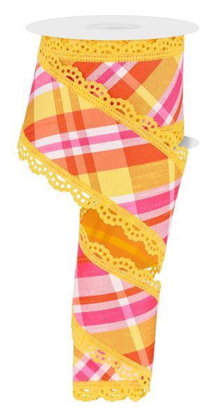 2.5"X10YD PINK, YELLOW AND WHITE DIAGONAL PLAID/FUSED BACK/LACE - RGX005992