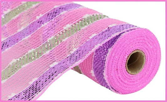 10.25" x 10yd Pink Purple Green Snowball Wide Stripe Mesh