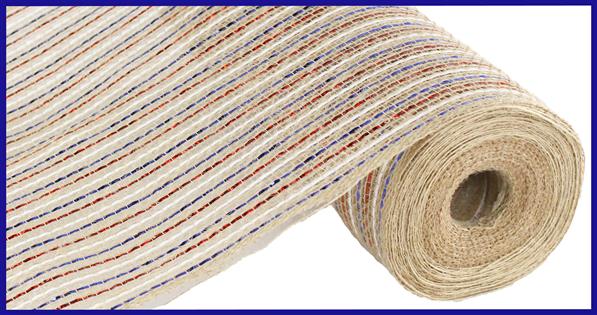 10.25"X10YD JUTE WITH LASER FOIL MESH - RED, WHITE, BLUE AND NATURAL - RY840888