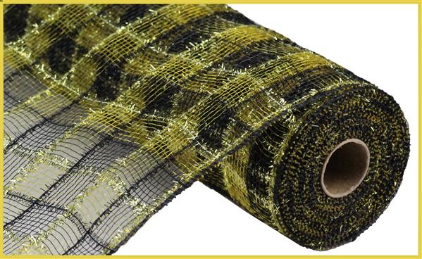 10.25"X10YD TINSEL WITH FAUX JUTE CHECK - BLACK WITH GOLD - RY8412F8