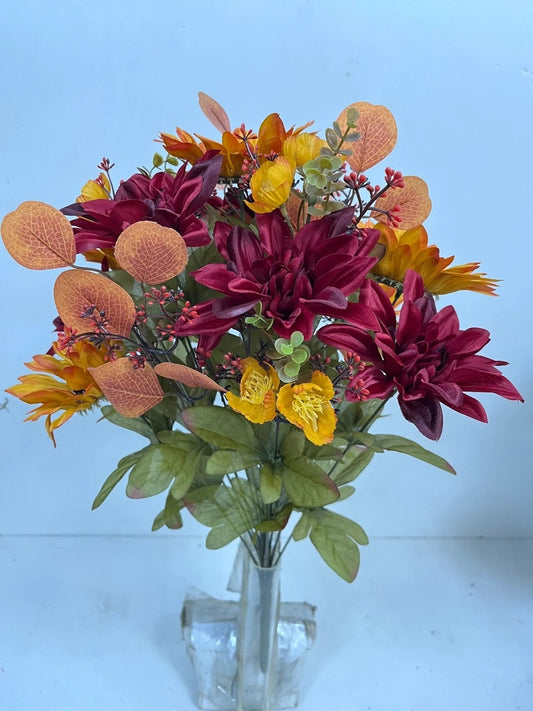 21" DAHLIA & SUNFLOWER BUSH W/FOLIAGE X18 BURGUNDY/GOLD - STF4913-BGD