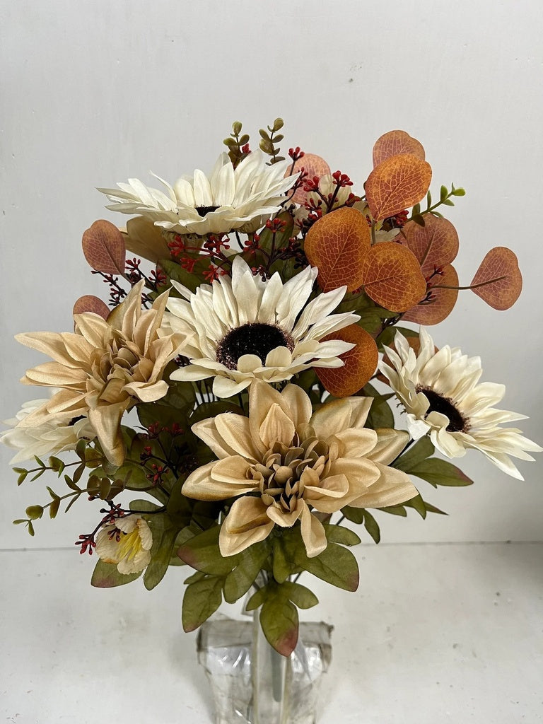 21" DAHLIA & SUNFLOWER BUSH W/FOLIAGE X18 CREAM - STF4913-CRM