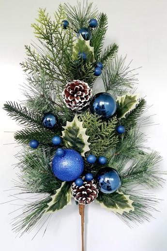 24" PINE SPRAY WITH ORNAMENTS, BERRIES & CONES BLUE - XB4308