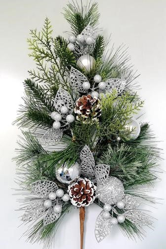 24" PINE SPRAY WITH BALL, BERRIES GLITTER LEAVES SILVER - XB4309