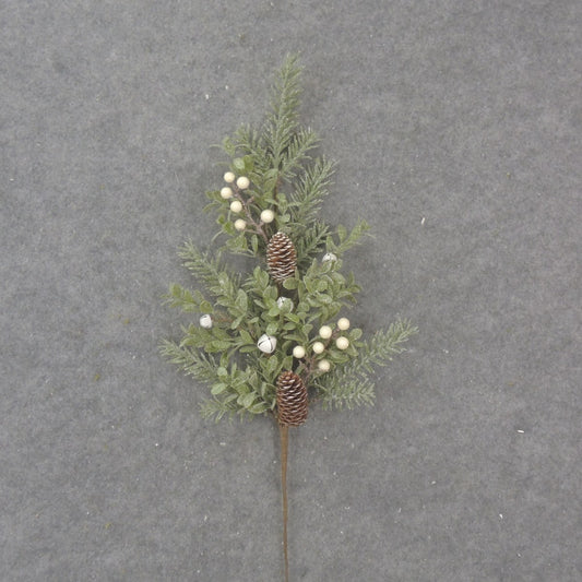 28" PINE AND EUCALYPTUS SPRAY WITH BERRIES, CONES AND BELLS WHITE - XL1034-WHT