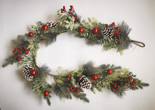 5' MIXED PINE GARLAND WITH CONES & RED BERRIES FROSTED - XL4604