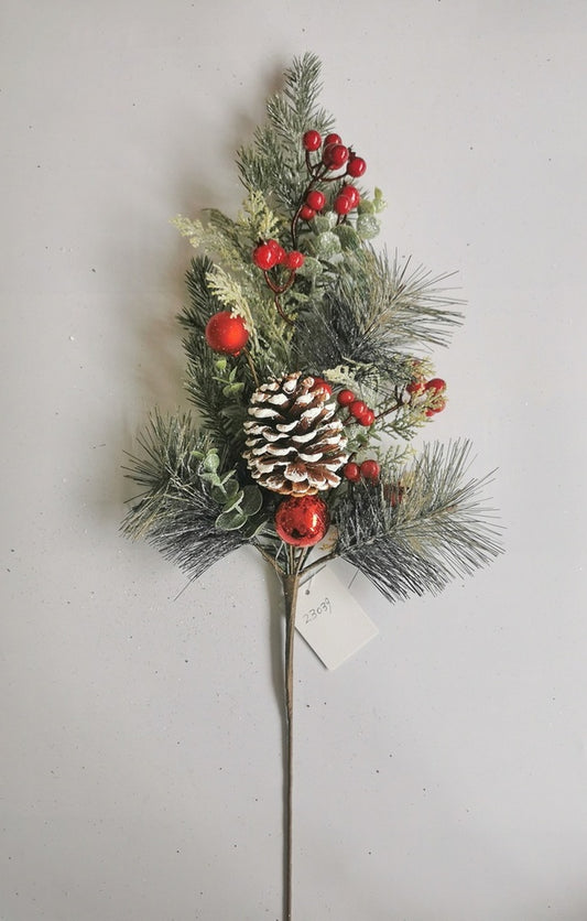 26.5" MIXED PINE SPRAY WITH CONE & RED BERRIES FROSTED - XL4606