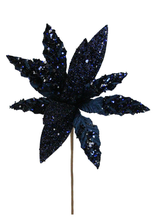 9.75"DIA VELVET POINSETTIA ON 19.5" STEM - MIDNIGHT BLUE - XS3975