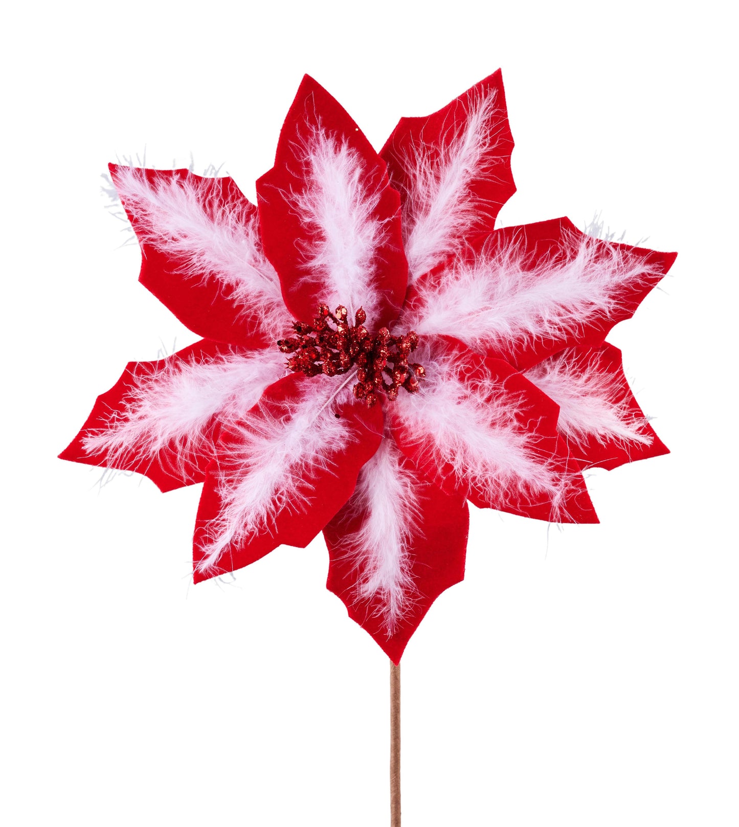 20"L VELVET FEATHER POINSETTIA STEM - RED/WHITE - XS413130