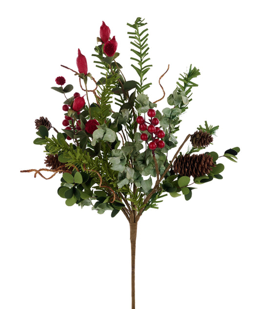 21"L PINE, BERRY AND EUCALPYTUS BUSH - RED/GREEN/NATURAL - XX8586