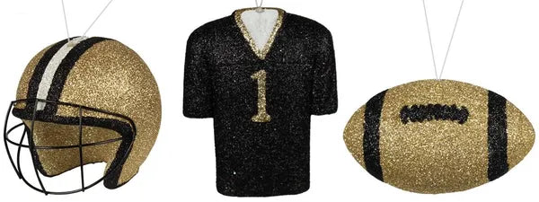 3 ASST FOOTBALL/HELMET/JERSEY ORNAMENT- MET GOLD/BLACK/WHITE- MS1301H6