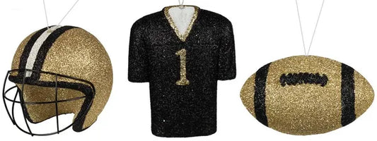 3 ASST FOOTBALL/HELMET/JERSEY ORNAMENT- MET GOLD/BLACK/WHITE- MS1301H6