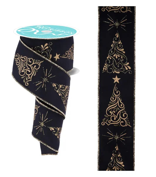 2.5" x 10yd Metallic Swirl Christmas Trees-Black/Gold-RGF162302