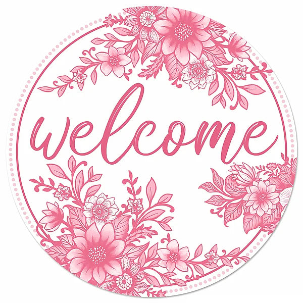 12"DIA METAL CHINOISERIE WELCOME SIGN- WHITE/PINK- MD173622