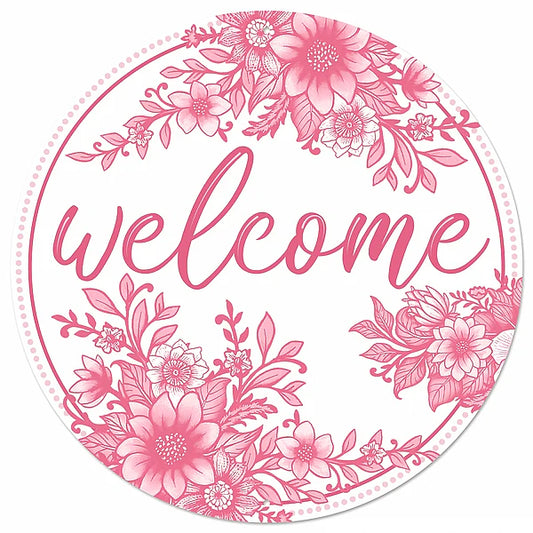 12"DIA METAL CHINOISERIE WELCOME SIGN- WHITE/PINK- MD173622