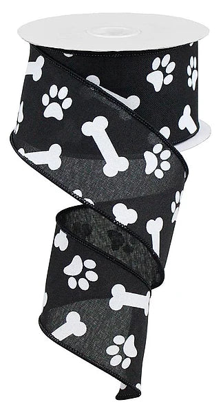 2.5"X10YD PAW PRINT/BONES ON ROYAL- BLACK/WHITE- RGA115102