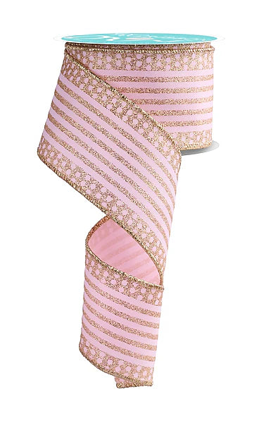2.5"X10YD VERTICAL STRIPE/DOT EDGE- PALE PINK/GOLD- RGF1510T7