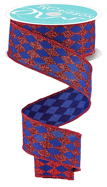 1.5"X10YD GLITTER HARLEQUIN- ROYAL BLUE/RED- RGH1440C9