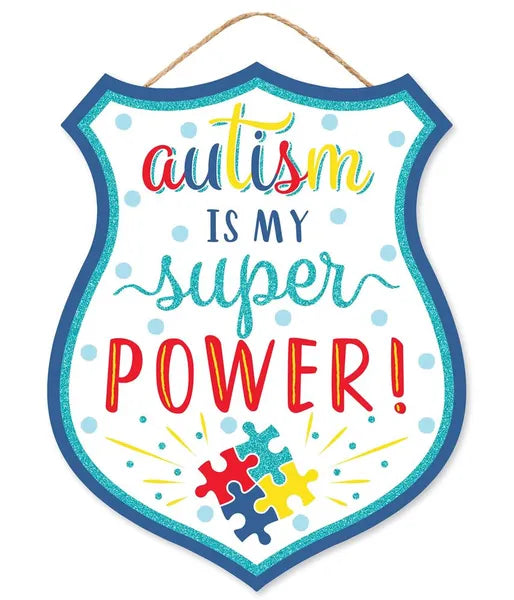 12"H x 9.5"L Autism/Super Power Badge-White/Lt Blue/Yllw/Red-AP8918
