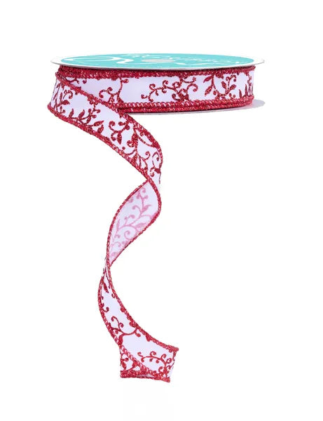 5/8" x 10yd Glitter Mini Leaf Vines-White/Red-RGF139367