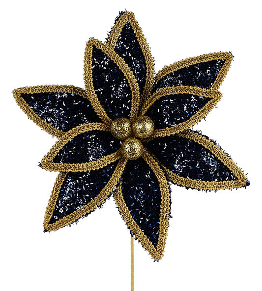 14"L V GLITTER/LACE EDGE POINSETTIA PICK- NAVY BLUE/GOLD- XS418267