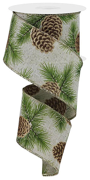 2.5"X10YD PINECONE/PINE NEEDLES/ROYAL- LT BEIGE/BROWN/GREEN/GOLD- RGE150101