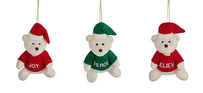 3 ASST 5.5"H VELVET SITTING BEAR ORN- 3 ASST WHITE/RED/GREEN- XJ540199