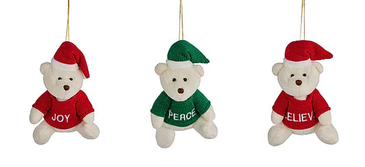 5.5"H VELVET SITTING BEAR ORN-  WHITE/RED/GREEN- XJ540199