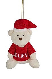 3 ASST 5.5"H VELVET SITTING BEAR ORN- 3 ASST WHITE/RED/GREEN- XJ540199