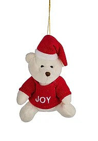 3 ASST 5.5"H VELVET SITTING BEAR ORN- 3 ASST WHITE/RED/GREEN- XJ540199