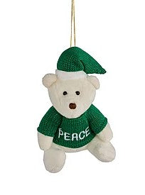 3 ASST 5.5"H VELVET SITTING BEAR ORN- 3 ASST WHITE/RED/GREEN- XJ540199