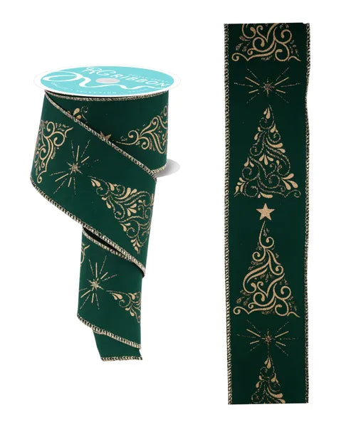 2.5" x 10yd Metallic Swirl Christmas Trees-Hunter Green/Gold-RGF162312
