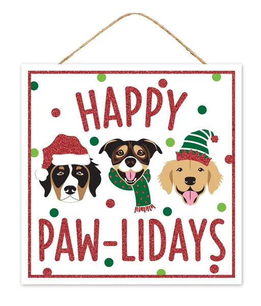 10"Sq Mdf Happy Paw-Lidays Glitter Sign-Blk/Wht/Gld/Tan/Emld/Lime-AP8963
