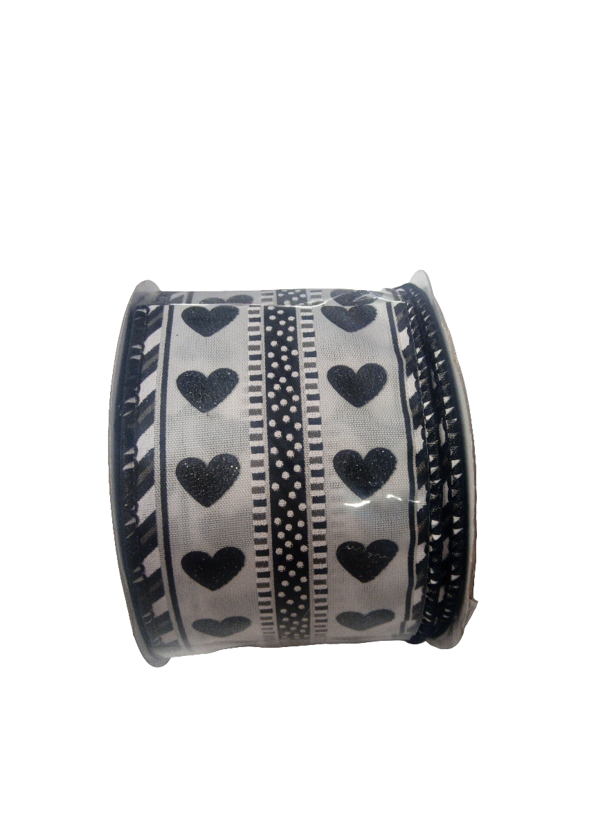 2.5  X 10YD White/ black heart Ribbon - 153626