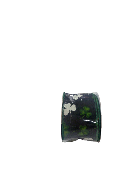 2.5 X 10 YD Dark Green and White Four Leaf Clover Shamrock Ribbon with Black Background - 109634