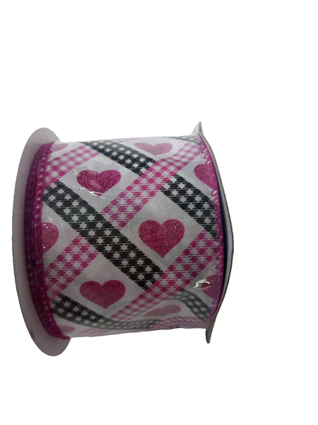 2.5  X 10YD  Hot Pink, Black and White Valentine's Day Heart Lattice Ribbon - 153725HP