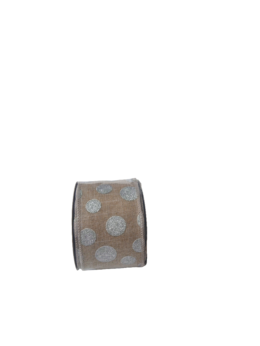 2.5 X 10YD Light Tan and Silver Polka Dot Ribbon - 110335T