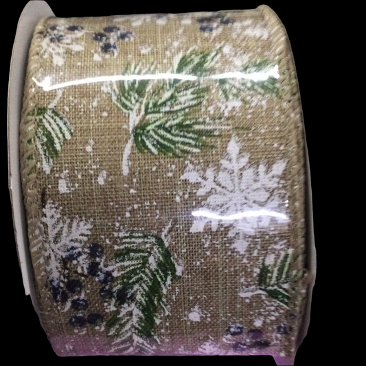 2.5” x 10 yds pine branches and snowflakes winter ribbon