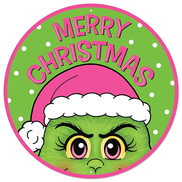 12"DIA MERRY CHRISTMAS/FURRY ELF SIGN- LIME/PINK/WHITE/BLACK- MD169222