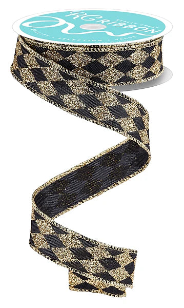 7/8"X10YD GLITTER HARLEQUIN- BLACK/GOLD- RGH744086