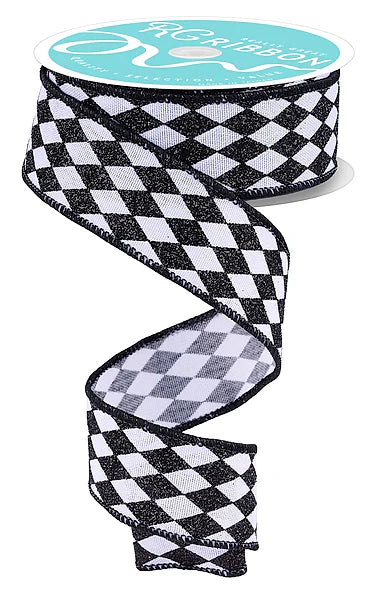 1.5"X10YD GLITTER HARLEQUIN- WHITE/BLACK- RGH1440L6